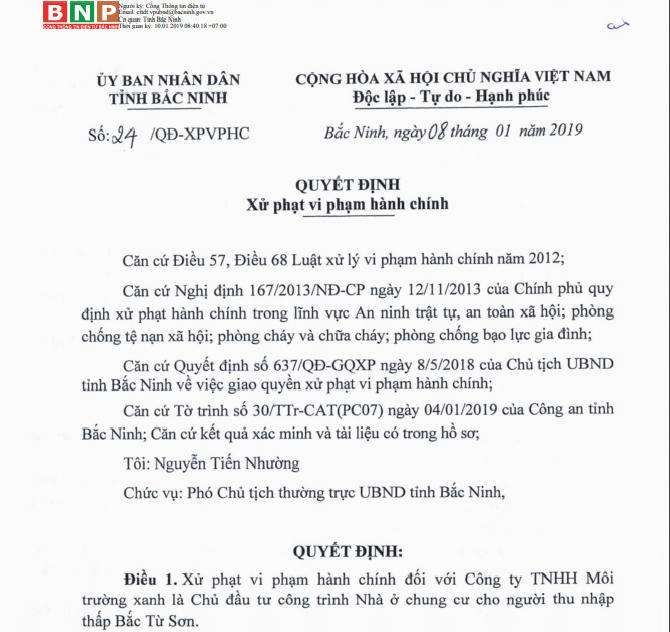 Quyết định xử phạt vi phạm hành chính đối với Công ty TNHH Môi trường xanh.