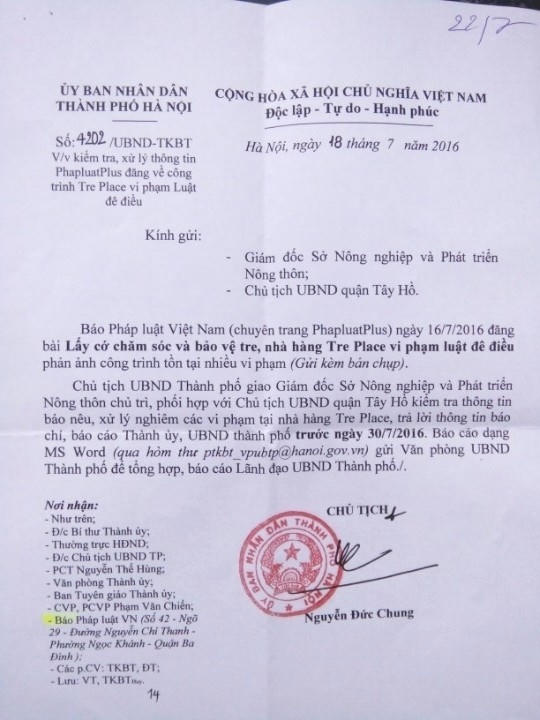 Văn bản chỉ đạo của UBND TP Hà Nội.