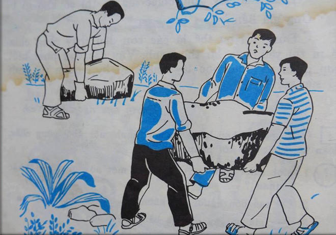 Tranh minh họa bài "Hòn đá to" của tác giả Hồ Chí Minh trong SGK Tiếng Việt cũ lớp 2, tập 2, NXB Giáo dục.