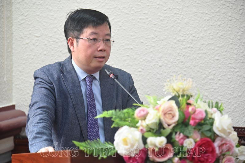 Đồng chí Nguyễn Thanh Lâm, Thứ trưởng Bộ Thông tin và Truyền thông phát biểu tại buổi Lễ. (Ảnh: moj.gov.vn)
