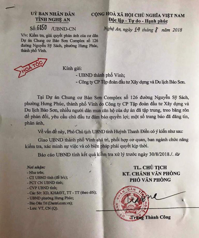 Công văn của UBND tỉnh Nghệ An yêu cầu xử lý vụ việc.
