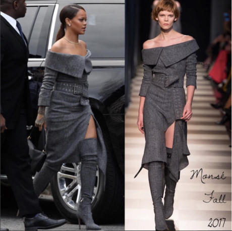 Chỉ diện một set đồ đơn giản của Monsé trong bộ sưu tập thu đông 2017 cũng là đủ để Rihanna thể hiện thần thái high-fashion của mình.