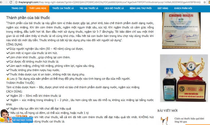Nội dung quảng cáo về dung dịch Thanh Nghị trên website.