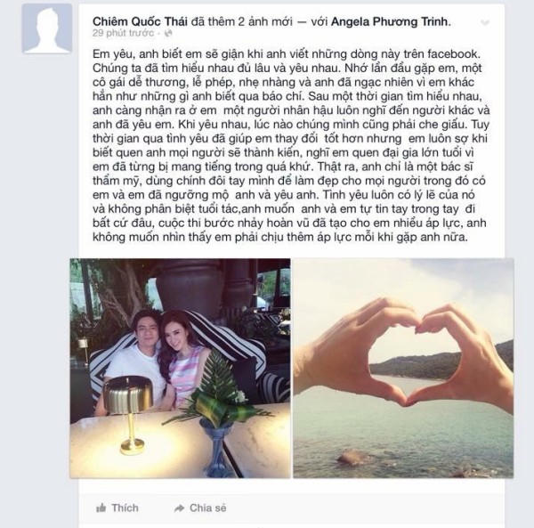 Dòng chia sẻ công khai của bác sĩ Chiêm Quốc Thái dành cho Phương Trinh và đây cũng là khởi điểm cho hàng loạt scandal sau đó. Ảnh: Internet