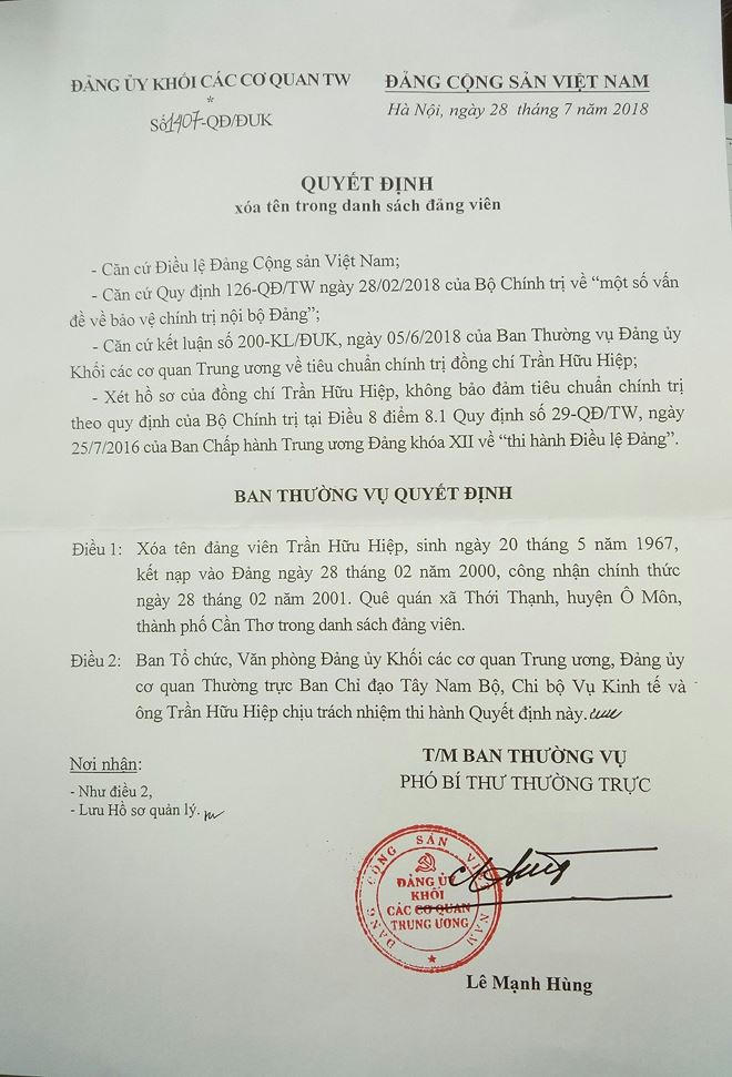 Quyết định xóa tên trong danh sách đảng viên đối với ông Trần Hữu Hiệp.