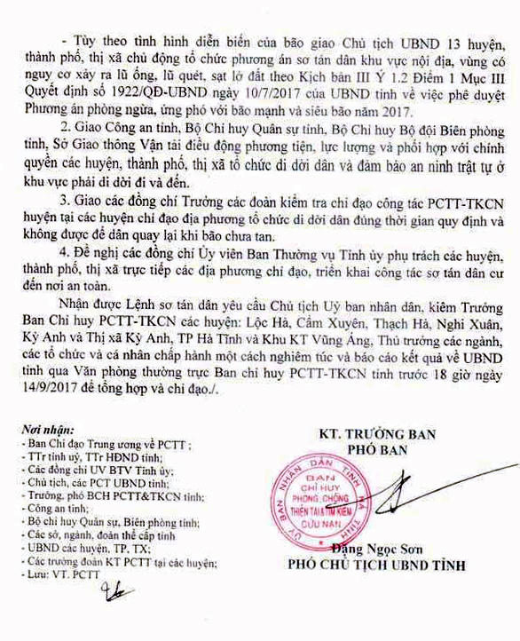 Lệnh sơ tán dân của Ban chỉ huy PCTT và TKCN tỉnh Hà Tĩnh.