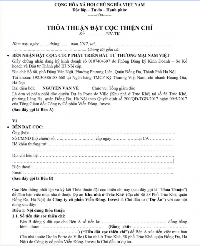 Mẫu thỏa thuận đặt cọc mà nhân viên Công ty Nam Việt gửi qua email cho khách hàng.