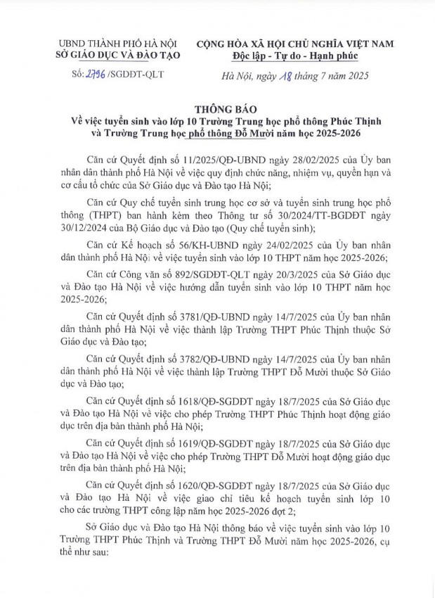 Thông báo của Sở GD&ĐT Hà Nội cho phép Trường THPT Phúc Thịnh tuyển sinh với chỉ tiêu là 450 học sinh.