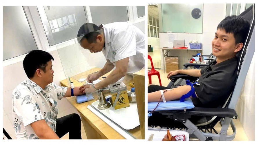 Thượng uý Lê Trọng Quyền (trái) và Trung uý Nguyễn Trung Đức hiến máu tại Khoa Huyết học, Bệnh viện Đa khoa tỉnh Thanh Hóa. (Ảnh: CATH)