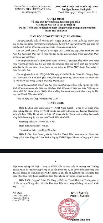 Quyết định phê duyệt lựa chọn nhà thầu do ông Nghiêm Đình Sơn, Phó Giám đốc Công ty Điện lực Thanh Hoá ký lựa chọn liên danh Công ty TNHH Ngọc Khánh - Công ty Cổ phần Điện công nghiệp Hà Nội - Công ty TNHH Đầu tư sản xuất và thương mại Trường Thành trúng thầu.