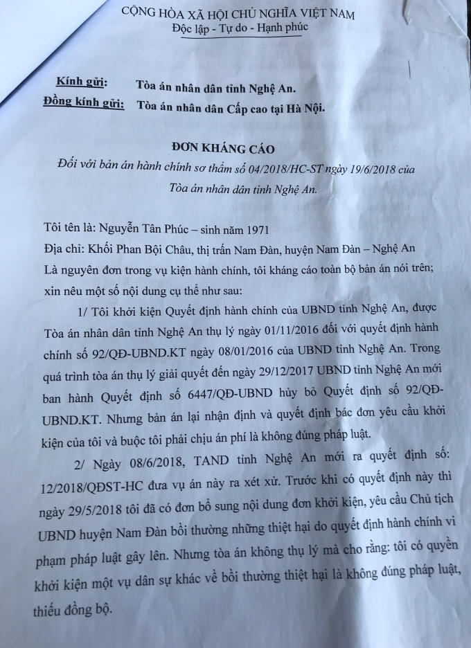 Hiện tại ông Nguyễn Tân Phúc đã có Đơn kháng cáo gửi TAND tỉnh Nghệ An, TAND Cấp cao tại Hà Nội.
