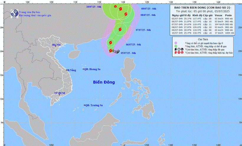Vị trí và đường đi của bão số 2. (Nguồn: Trung tâm Khí tượng Thủy văn Quốc gia)