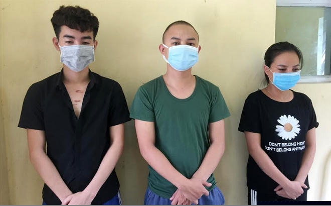 Từ trái qua: các đối tượng Nguyễn Huy Tú, Hà Quang Huy, Trần Thị Xuân Thu tại cơ quan điều tra.