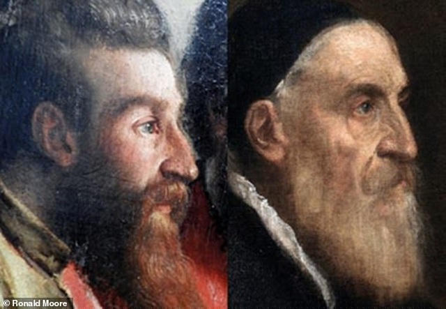 Chân dung của Titian (phải) thời trẻ được khắc họa trong diện mạo của một tông đồ (trái).