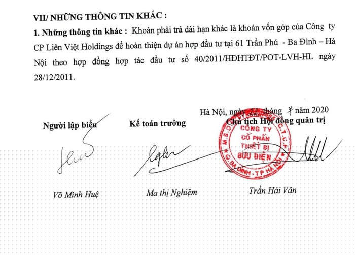 Hiện Công ty CP Thiết bị Bưu Điện vẫn đang hạch toán phải trả khoản góp vốn của Công ty Liên Việt Holdings.