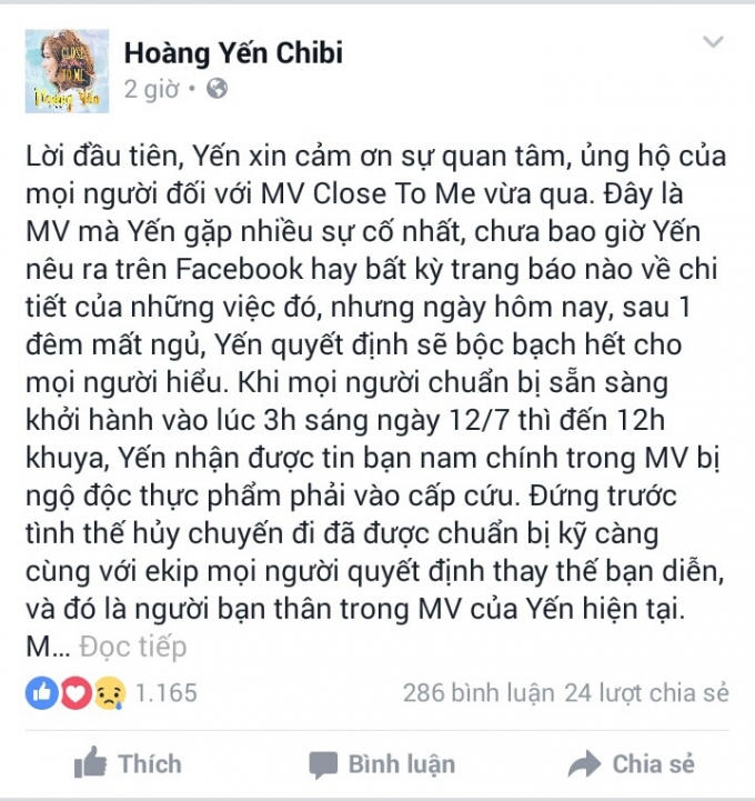 Và cô cũng nhanh chóng gửi lời xin lỗi đến khán giả trên trang Fanpage chính thức của mình.