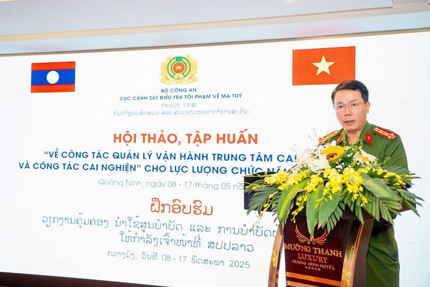 Đại tá Hoàng Quốc Việt, Phó Cục trưởng Cục Cảnh sát điều tra tội phạm về ma túy chủ trì và phát biểu chỉ đạo tại Hội thảo tập huấn.