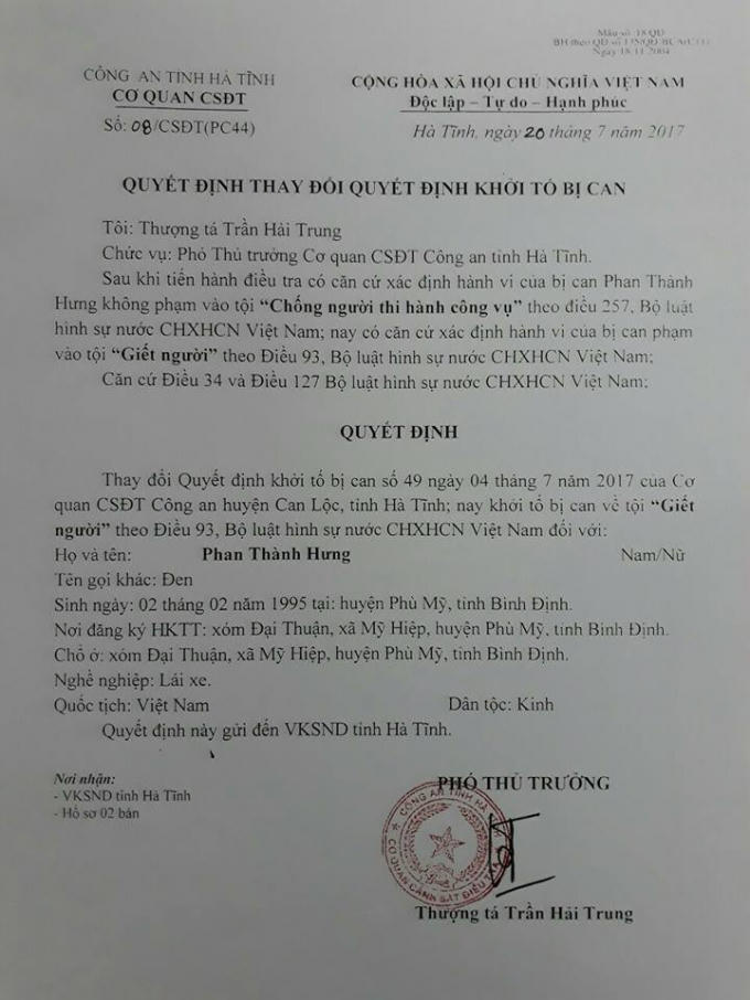 Quyết định thay đổi tội danh từ "chống người thi hành công vụ" chuyển sang "giết người" đối với tài xế lái xe container.