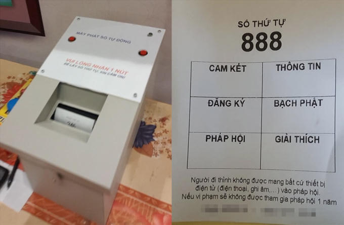 Chiếc máy bấm số của nhà chùa và số thứ tự 888 của một người đến thỉnh.