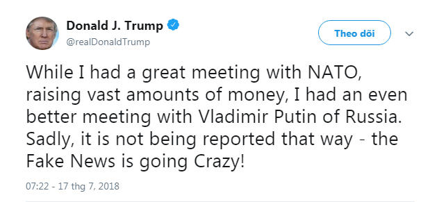 Chia sẻ của Tổng thống Donald Trump trên trang mạng xã hội Twitter.