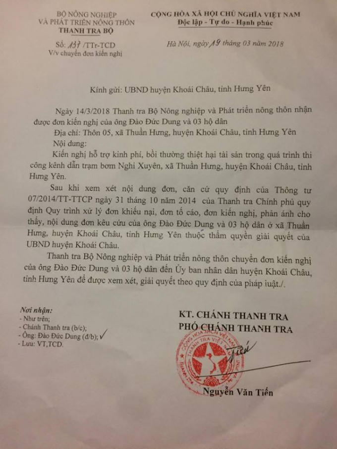 Văn bản Thanh tra Bộ NN và PTNT giao UBND huyện Khoái Châu, Hưng Yên giải quyết quyền lợi cho các hộ dân theo quy định.