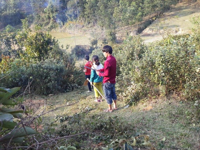 Dọn dẹp quang đãng xung quanh phần mộ ông bà.