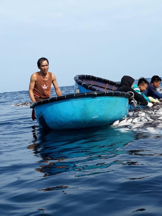 Người thân đi thuyền thúng ra vớt cá lên bờ trong niềm hân hoan, phấn khởi.