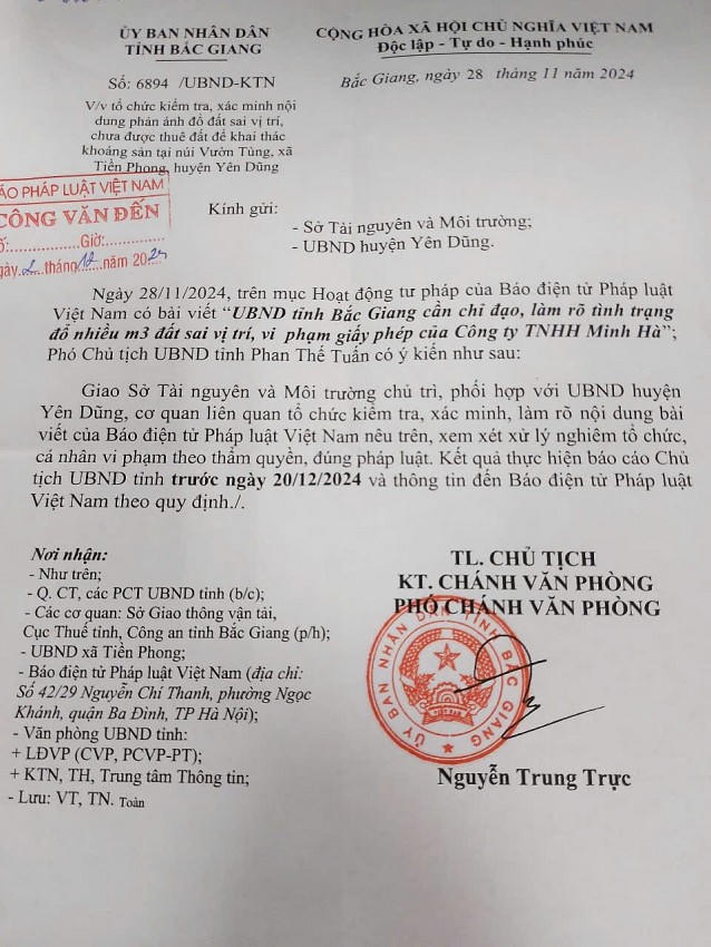 Công văn chỉ đạo của UBND tỉnh Bắc Giang yêu cầu Sở Tài nguyên và môi trường, UBND huyện Yên Dũng cùng các ngành kiểm tra làm rõ nội dung mà Báo Pháp luật Việt Nam phản ánh.