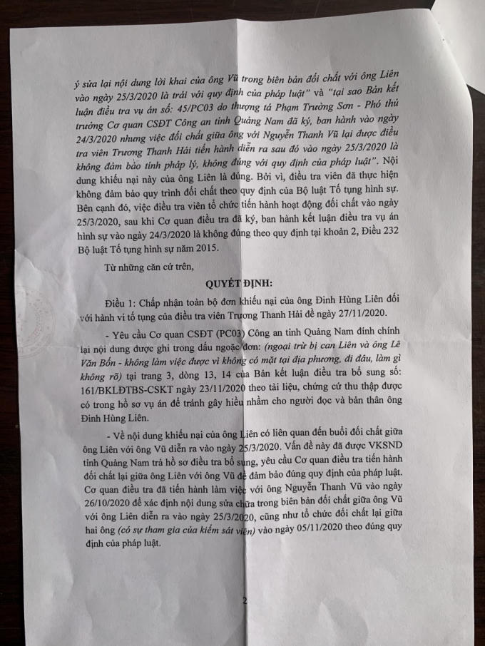 Quyết định giải quyết khiếu nại của Cơ quan Cảnh sát điều tra, Công an tỉnh Quảng Nam khẳng định khiếu nại của ông Liên là đúng.