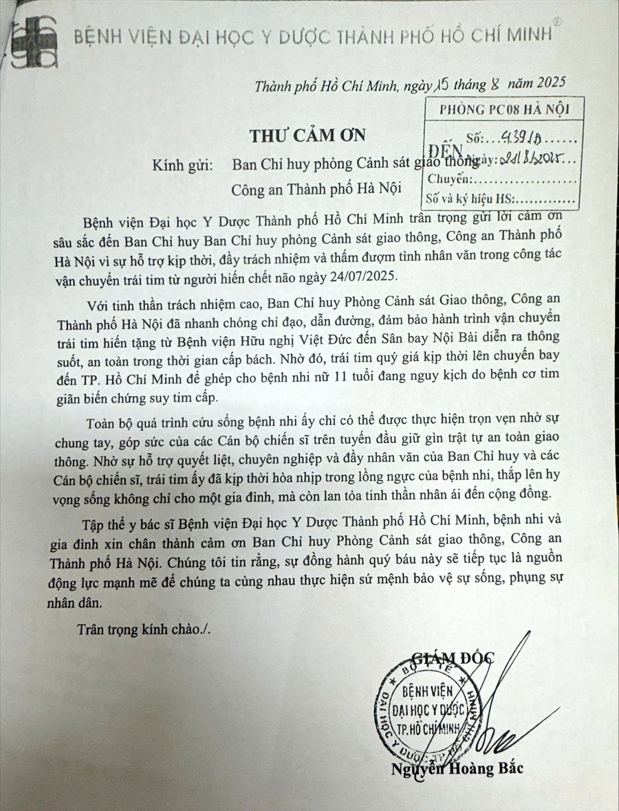 Bức thư cảm ơn của Đại học Y dược TP Hồ Chí Minh.