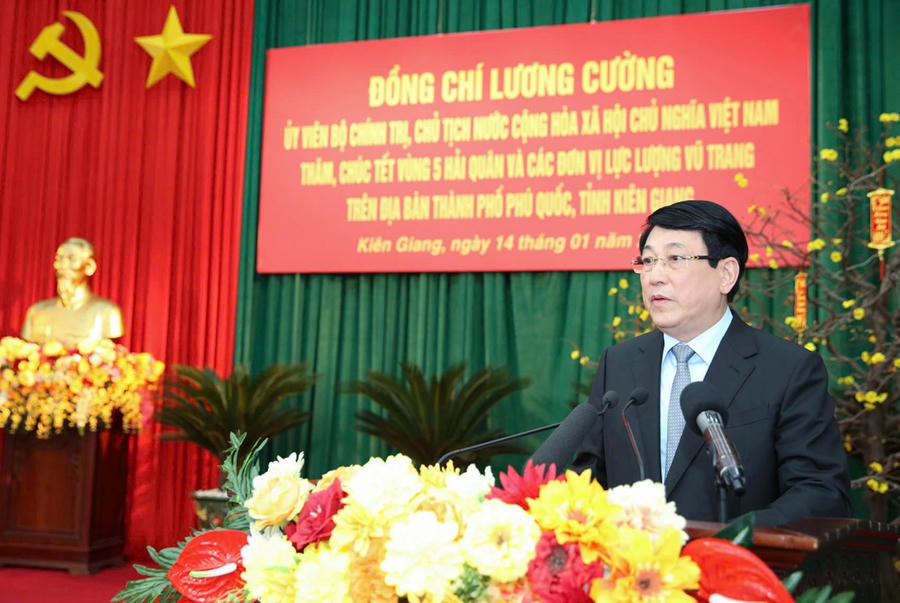 Chủ tịch nước Lương Cường phát biểu chúc Tết các đơn vị.