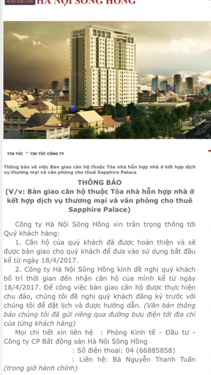 Thông báo về việc bàn giao căn hộ thuộc tòa nhà Sapphire Palace được chủ đầu tư đăng công khai trên Wed của công ty.