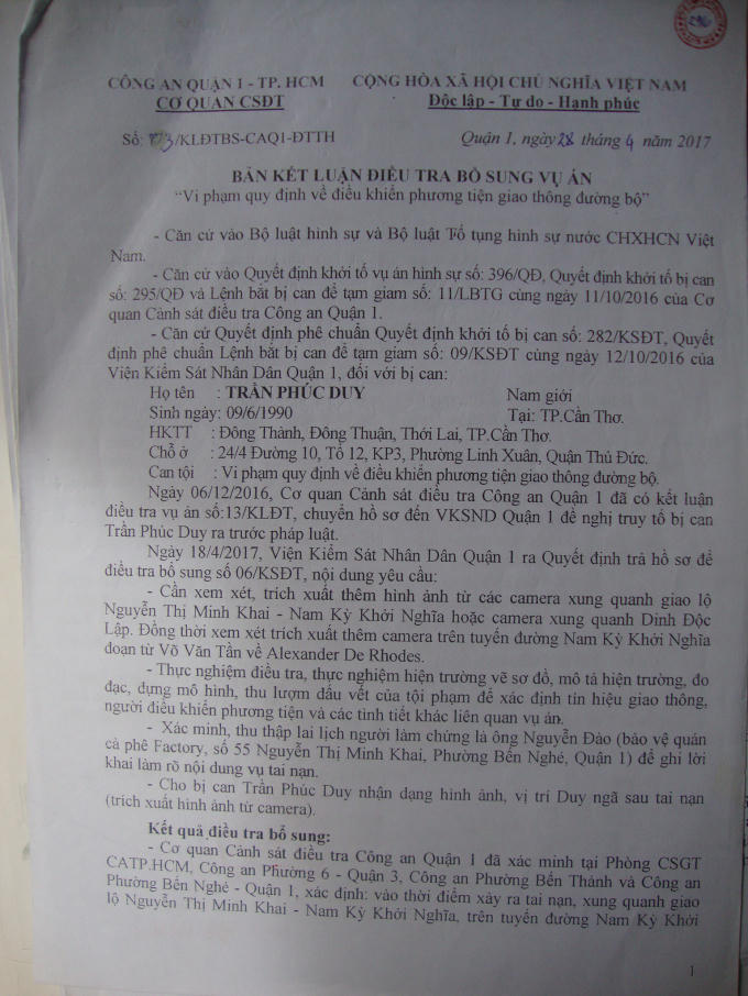 Bản kết luận điều tra bổ sung vụ án của cơ quan Cảnh sát điều tra Công an quận 1.
