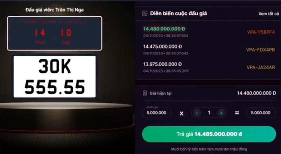 Biển số ô tô 30K-555.55 được đem ra đấu giá và người trúng đấu giá đã hoàn thành nghĩa vụ tài chính. (Ảnh chụp màn hình)