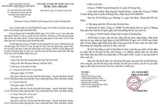 Theo giấy phép số 102/SVHTTDL-QLVHGĐ cuộc thi Hoa hậu Doanh nhân Sắc đẹp Việt Nam 2025 được cấp phép cho công ty TNHH Truyền Thông Giải trí Quốc tế Hoàng Duy tổ chức tại tỉnh Bình Thuận.