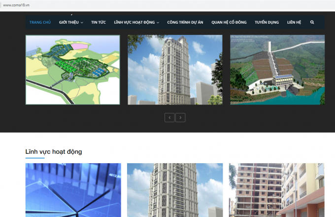 Hình ảnh trên trang website của Công ty cổ phần COMA18. (Ảnh: Chụp màn hình)