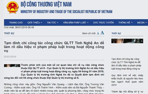 Thông tin Tạm đình chỉ công tác đối với 04 công chức Đội QLTT số 8 (Cục QLTT Nghệ An) trên trang điện tử của Bộ Công thương.