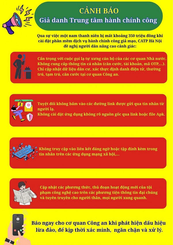Công an Hà Nội cảnh báo thủ đoạn giả mạo cán bộ Trung tâm phục vụ hành chính công.