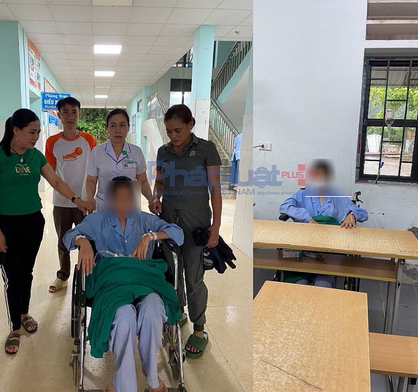 Em P. được các y, bác sĩ túc trực để theo dõi sức khỏe bên ngoài phòng thi do vừa được mổ khối u.