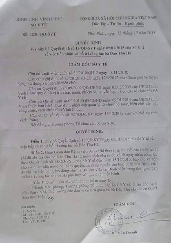 Quyết định hủy bỏ Quyết định số 15/QĐ-SYT ngày 9/1/2015 của Sở Y tế Vĩnh Phúc về việc tiếp nhận và bố trí công tác của bà Đào Thu Hà.