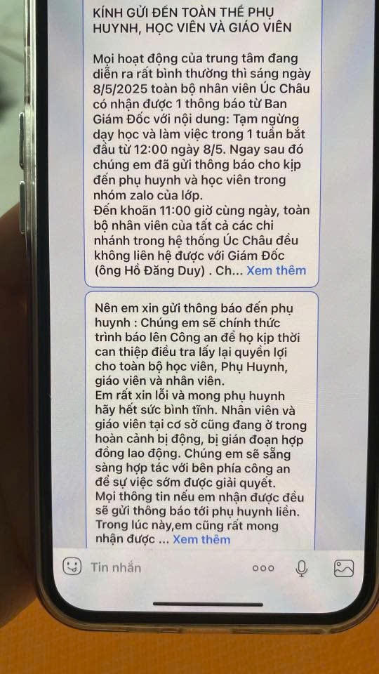 Tin nhắn của nhân viên trung tâm gửi đến các phụ huynh về sự việc.