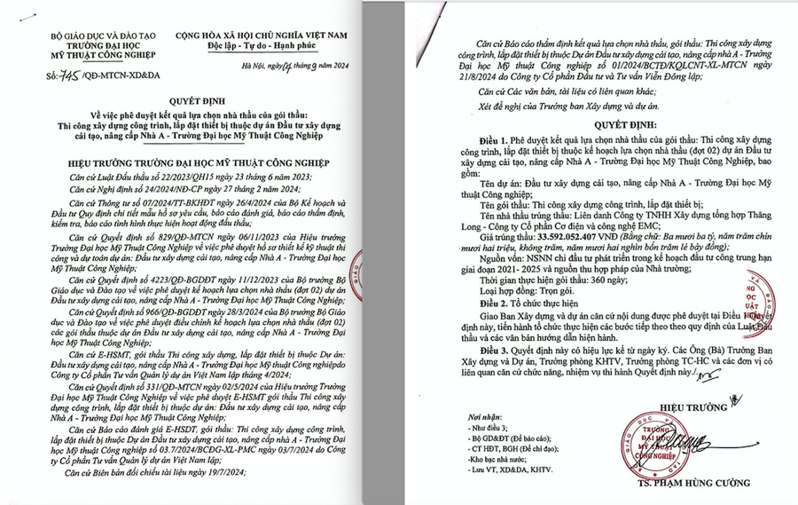 Quyết định số 745/QĐ-MTCN-XD&DA về việc phê duyệt kết quả lựa chọn nhà thầu của gói thầu Thi công xây dựng công trình, lắp đặt thiết bị thuộc Dự án đầu tư xây dựng cải tạo, nâng cấp nhà A - Trường Đại học Mỹ thuật Công nghiệp cho Liên danh Công ty TNHH Xây dựng tổng hợp Thăng Long - Công ty Cổ phần Cơ điện và công nghệ EMC.