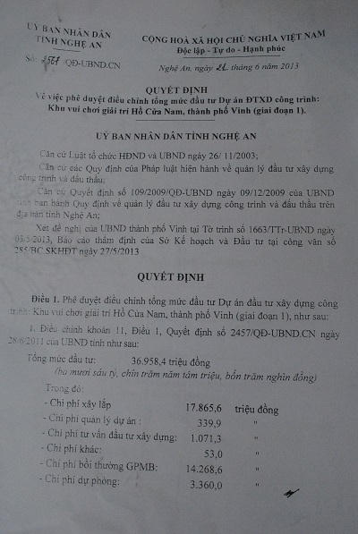 Quyết định của UBND tỉnh Nghệ An ph&ecirc; duyệt điều chỉnh tổng mức đầu tư x&acirc;y dựng c&ocirc;ng tr&igrave;nh Khu vui chơi giải tr&iacute; Hồ Cửa Nam. Ảnh Duy Ngợi