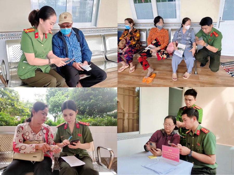 Cán bộ, chiến sĩ Công an tỉnh Cà Mau hỗ trợ người dân tích hợp sổ sức khỏe điện tử trên ứng dụng VNeID.