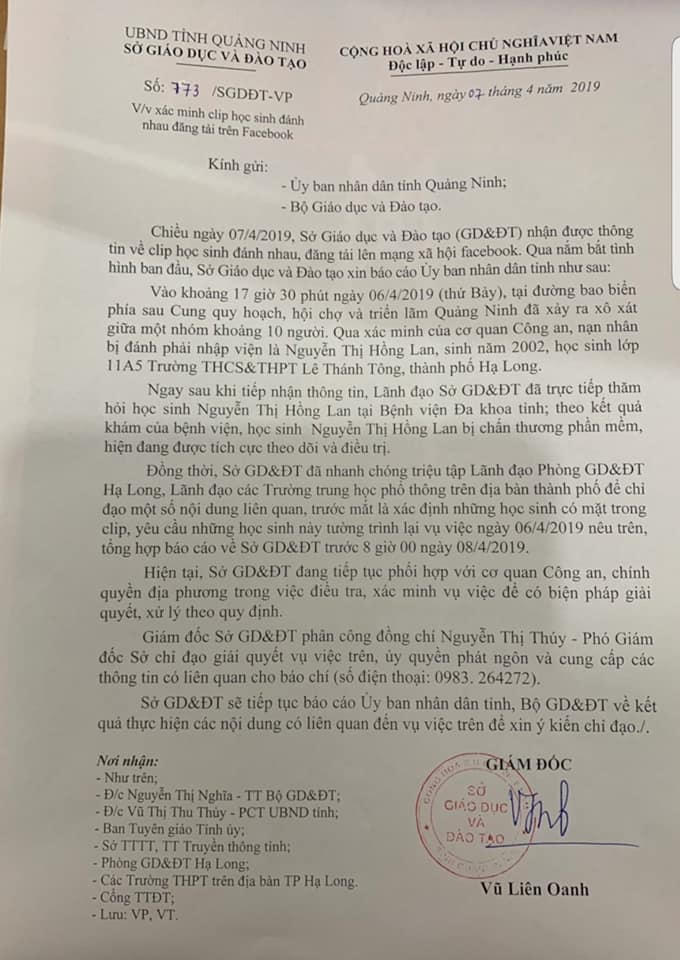 Nội dung Báo cáo sự việc của Sở GD&ĐT gửi Lãnh đạo UBND tỉnh Quảng Ninh và Bộ GD&ĐT.