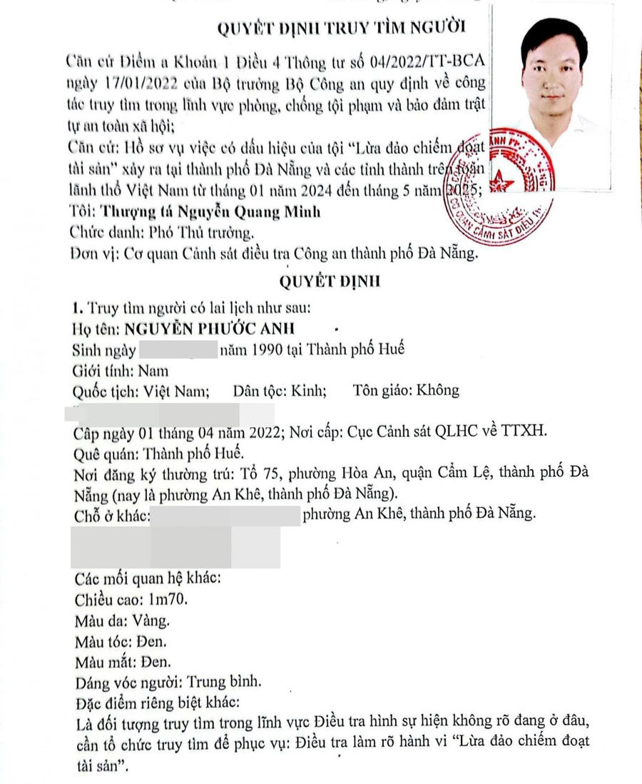 Quyết định truy tìm đối tượng Nguyễn Phước Anh. (Ảnh: Công an TP Đà Nẵng)