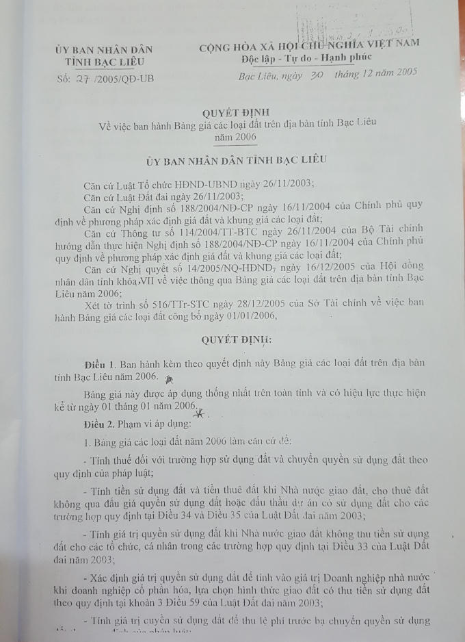 Quyết định số 27 về việc ban hành Bảng giá đất áp dụng năm 2006