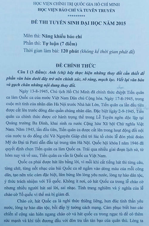 Đề thi năng khiếu Học viện B&aacute;o ch&iacute; v&agrave; Tuy&ecirc;n truyền