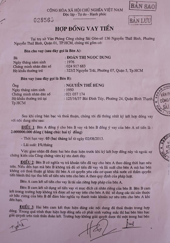 Hợp đồng vay tiền giữa bà Dung và ông Hùng được lập tại Văn phòng Công chứng Sài Gòn.