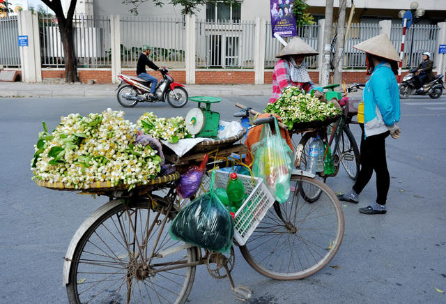 Năm nay do thời tiết nắng ấm nên dù mới giữa tháng 2, hoa bưởi đã xuất hiện nhiều trên phố ở Hà Nội.